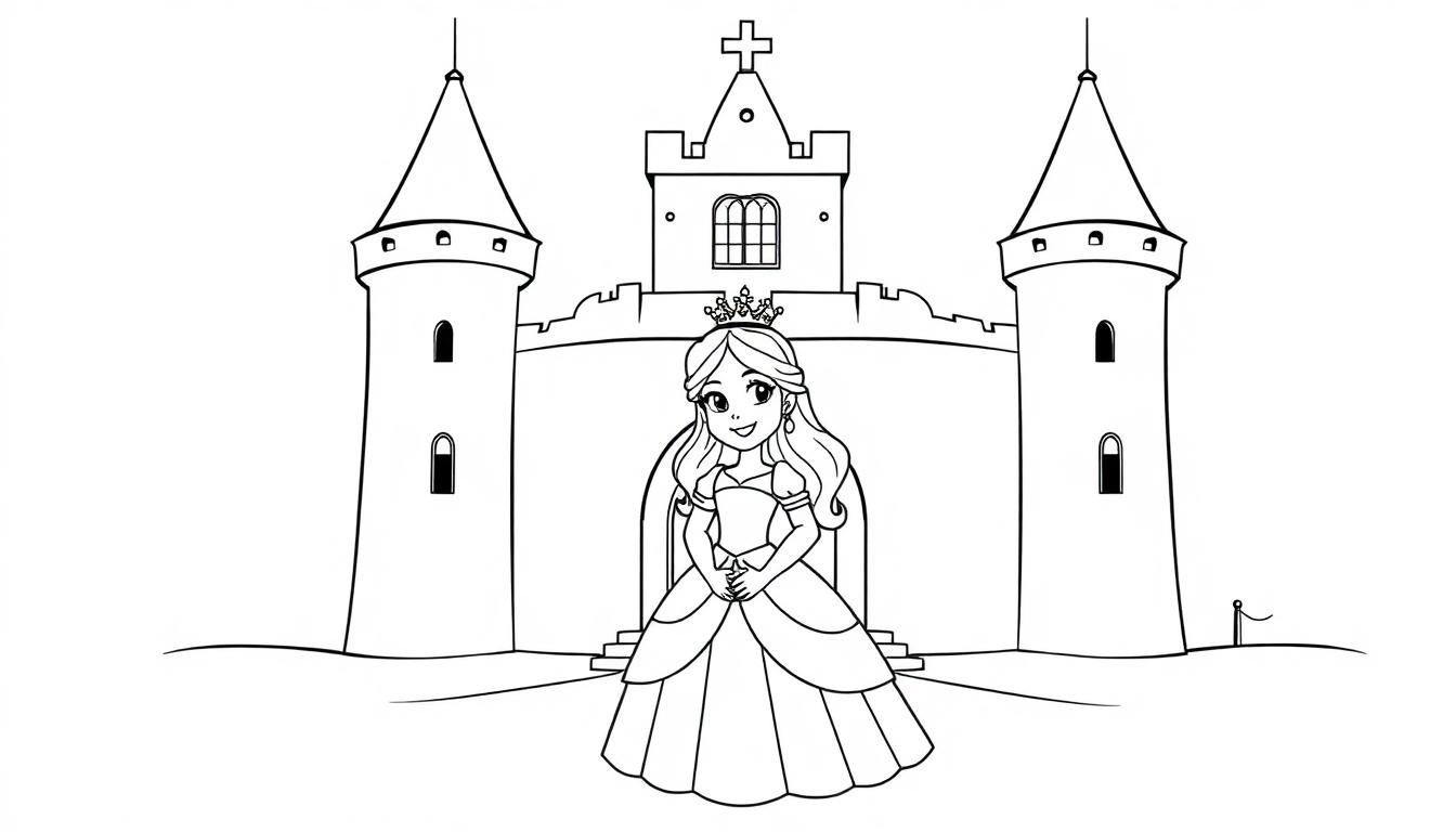 Kleurplaat van een prinses met een kroon en een groot kasteel op de achtergrond.