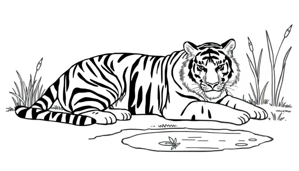 Een zwart-wit kleurplaat van een tijger die ontspannen ligt naast een plas water met een blad.