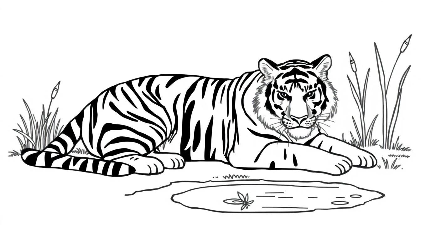Een zwart-wit kleurplaat van een tijger die ontspannen ligt naast een plas water met een blad.
