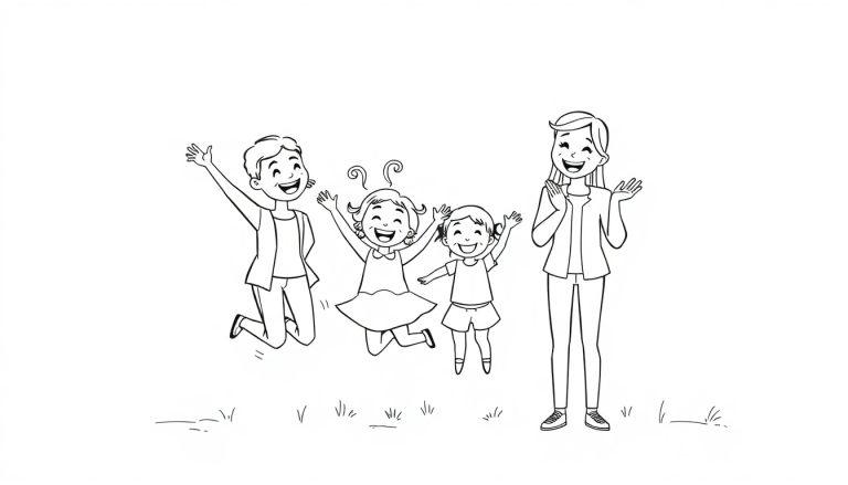 Kleurplaat van een vrolijke familie die samen plezier maakt in de buitenlucht