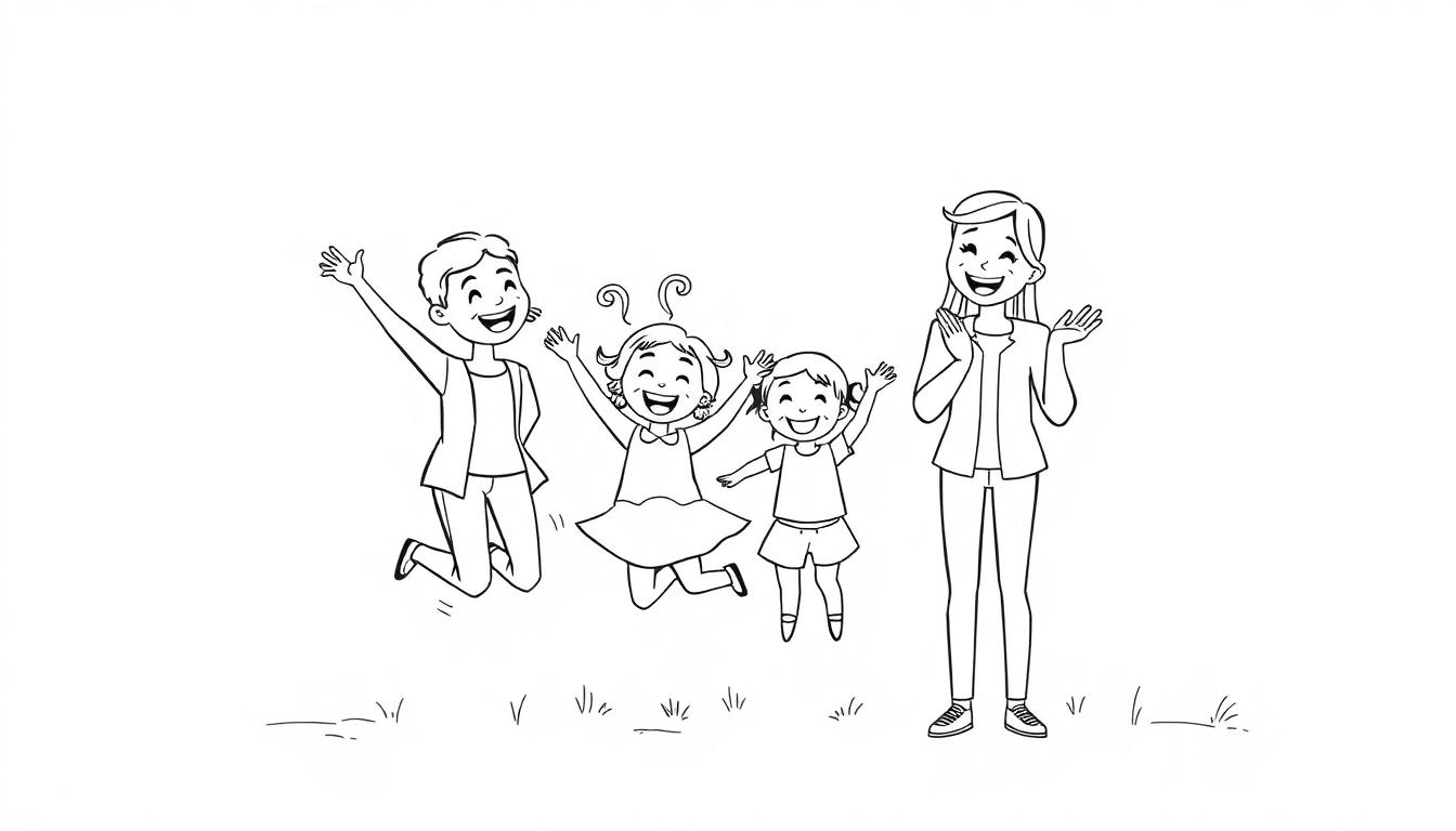 Kleurplaat van een vrolijke familie die samen plezier maakt in de buitenlucht