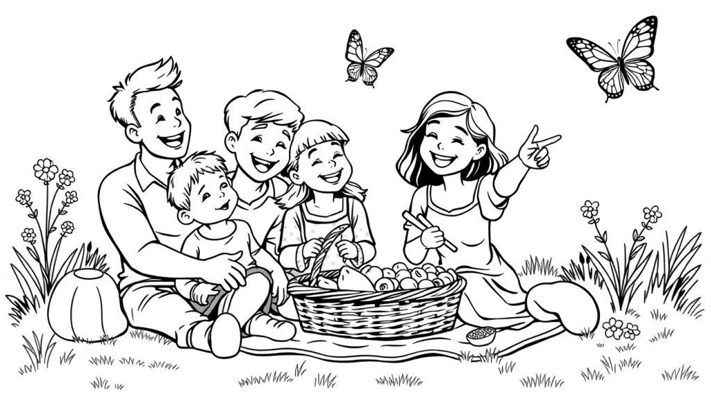 Kleurplaat van een vrolijke familie die samen aan een picknick doet met fruit, bloemen en vlinders op de achtergrond.