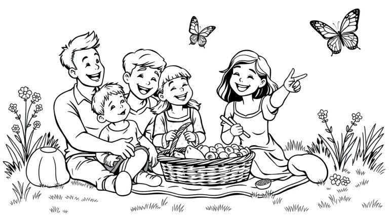 Kleurplaat van een vrolijke familie die samen aan een picknick doet met fruit, bloemen en vlinders op de achtergrond.