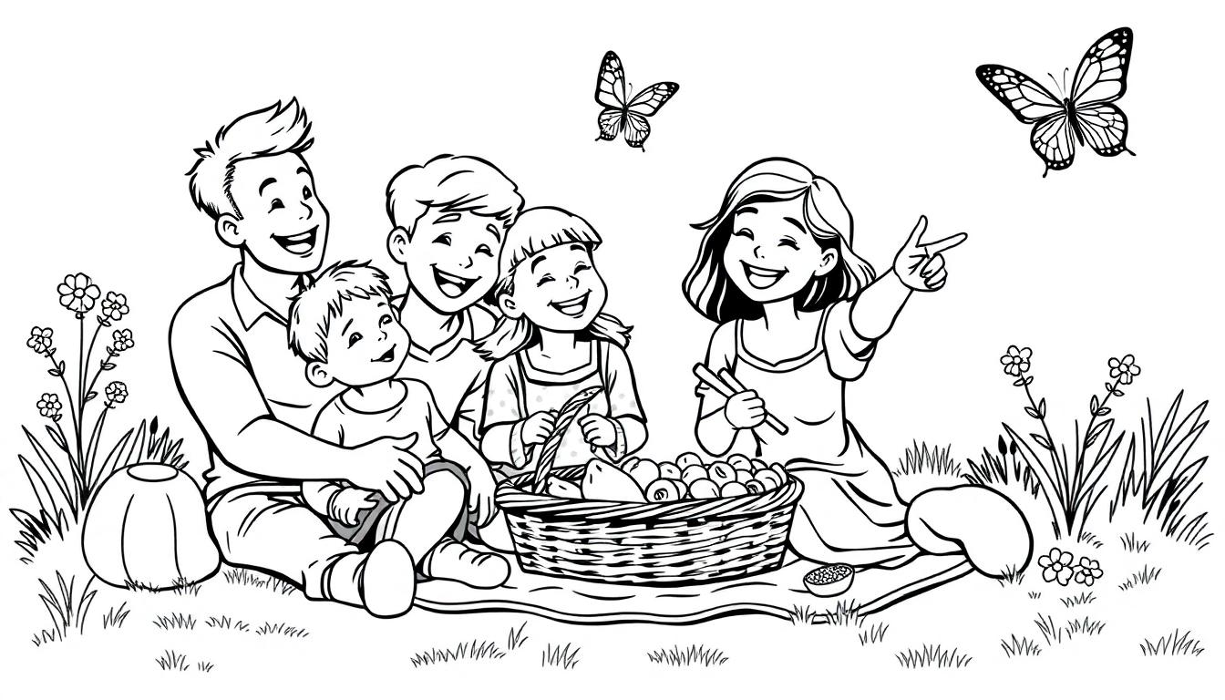 Kleurplaat van een vrolijke familie die samen aan een picknick doet met fruit, bloemen en vlinders op de achtergrond.