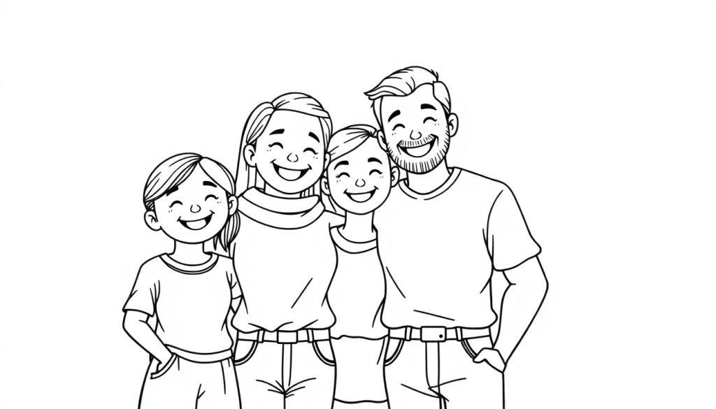 Zwart-wit kleurplaat van een vrolijk gezin van vier personen die samen lachen, met twee volwassenen in het midden en twee kinderen aan de zijkant.