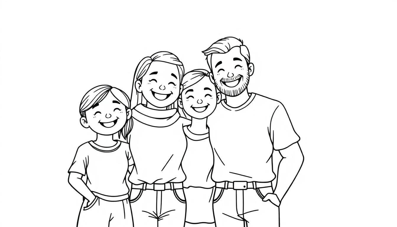 Zwart-wit kleurplaat van een vrolijk gezin van vier personen die samen lachen, met twee volwassenen in het midden en twee kinderen aan de zijkant.