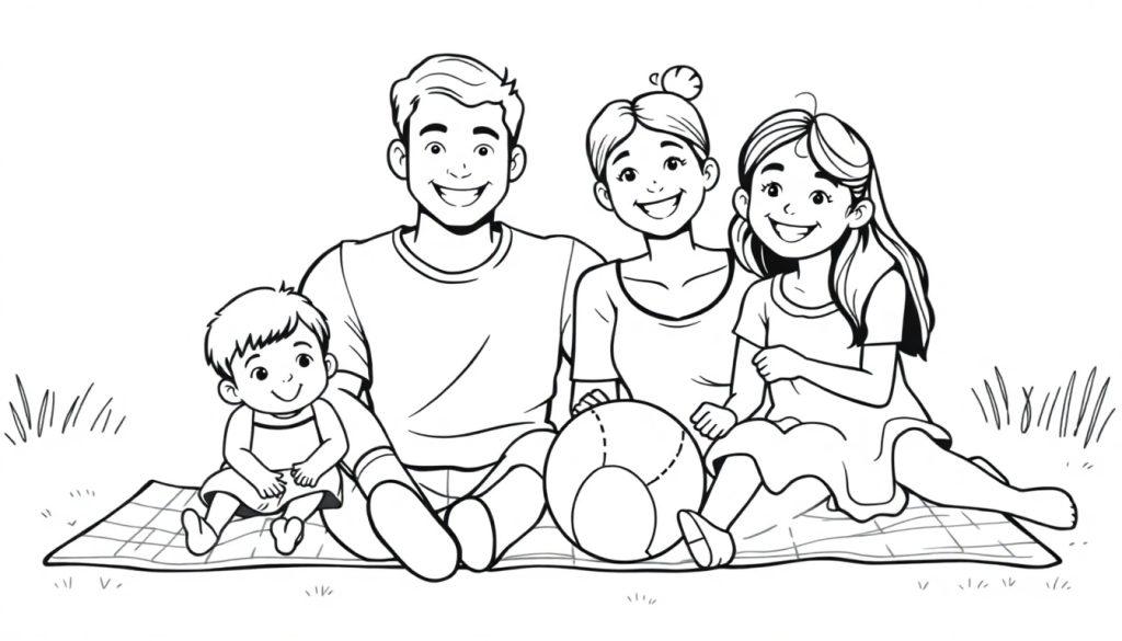 Gezellige kleurplaat van een vrolijke familie op een picknickkleed met een strandbal in het gras.