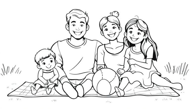 Gezellige kleurplaat van een vrolijke familie op een picknickkleed met een strandbal in het gras.