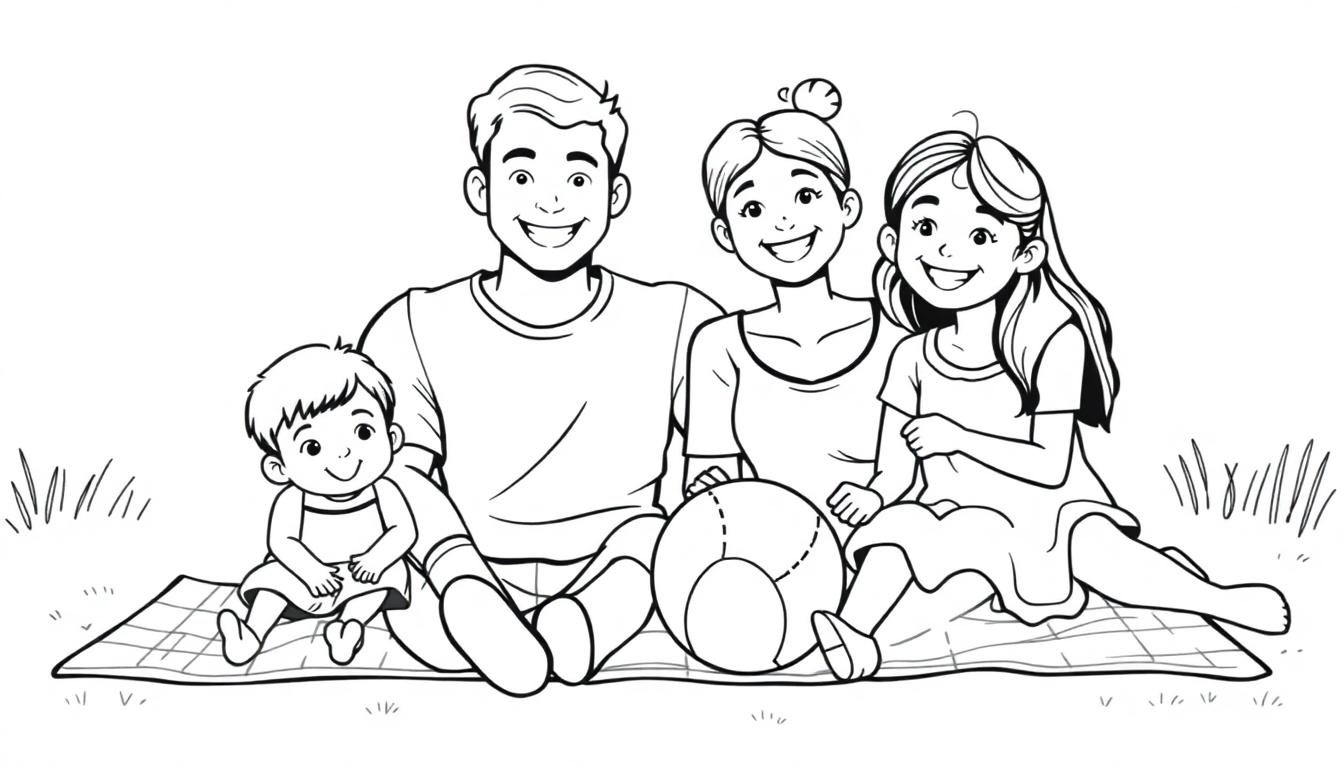 Gezellige kleurplaat van een vrolijke familie op een picknickkleed met een strandbal in het gras.