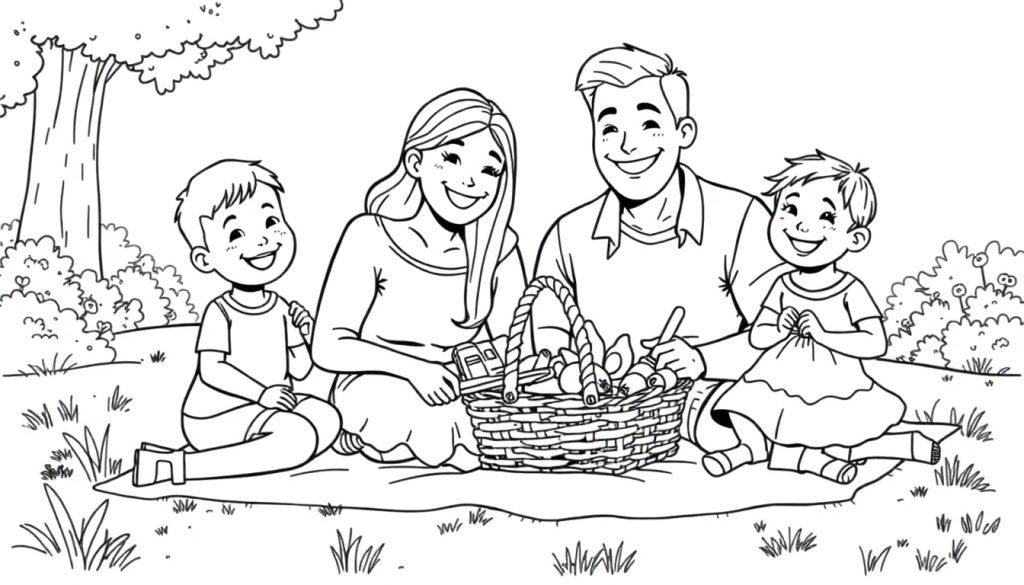 Kleurplaat van een vrolijke familie picknick in de natuur met een picknickmand, bomen en lachende kinderen.