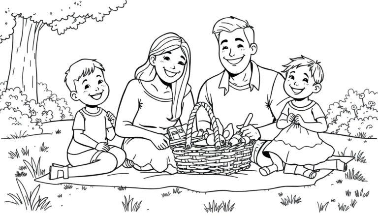 Kleurplaat van een vrolijke familie picknick in de natuur met een picknickmand, bomen en lachende kinderen.