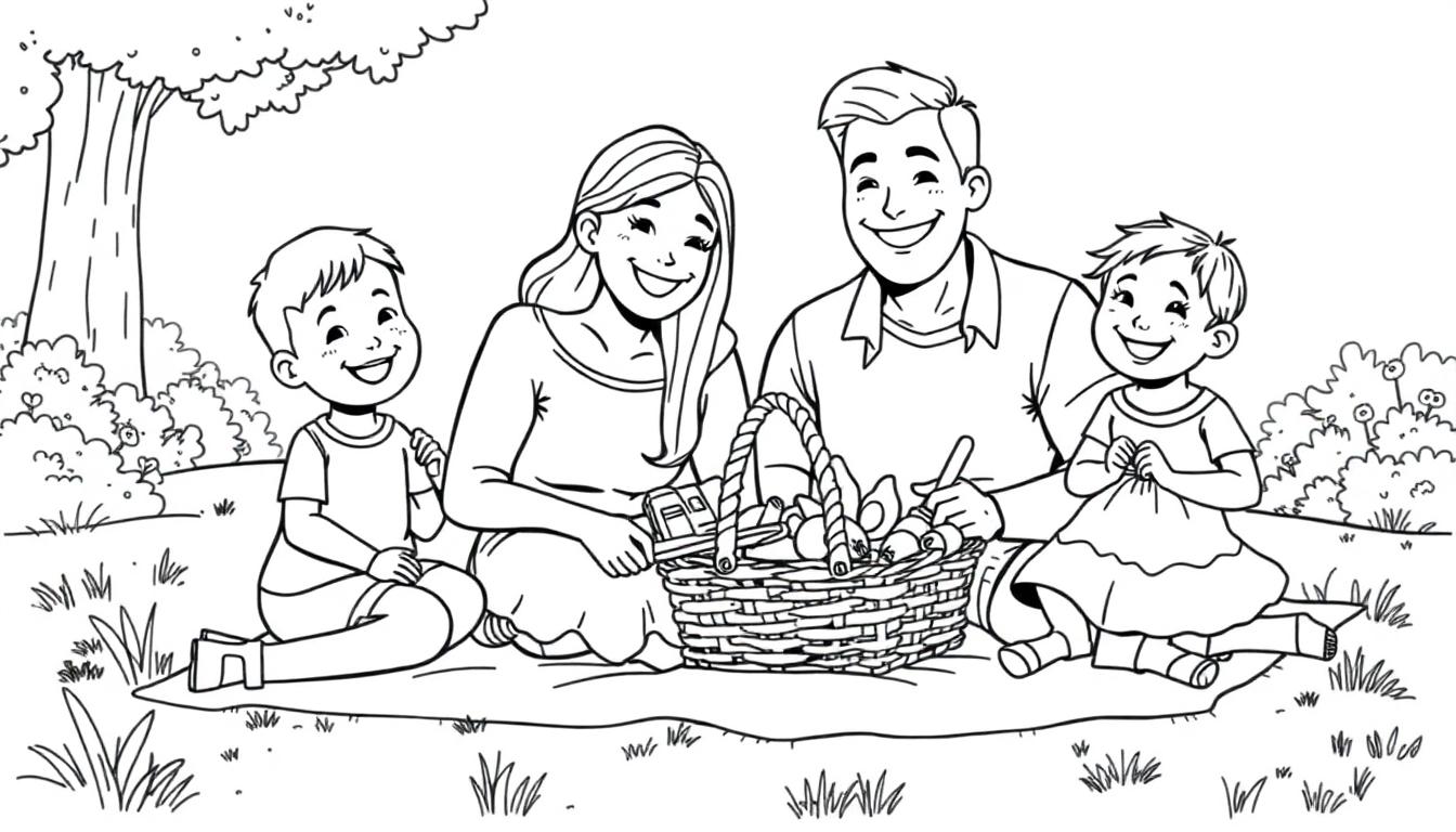Kleurplaat van een vrolijke familie picknick in de natuur met een picknickmand, bomen en lachende kinderen.