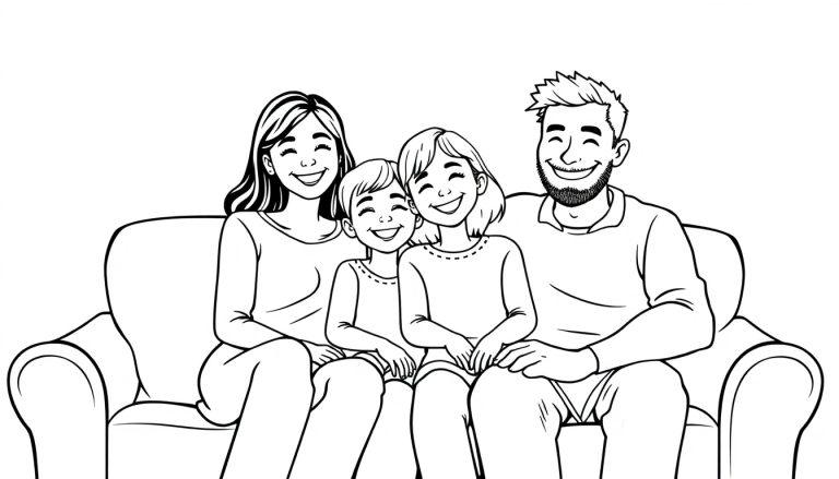 Een vrolijke zwart-wit kleurplaat van een lachende familie van vier personen die samen op een bank zitten.