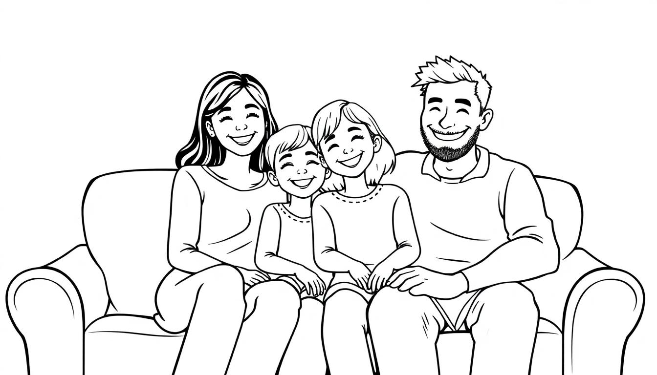 Een vrolijke zwart-wit kleurplaat van een lachende familie van vier personen die samen op een bank zitten.