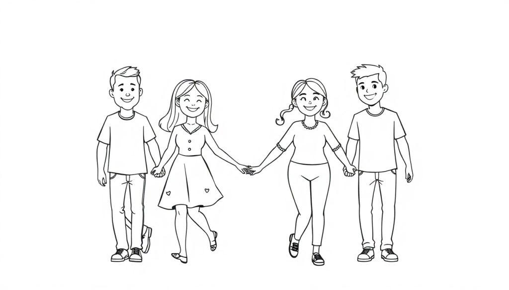 Kleurplaat van vier vrolijke mensen: twee jongens en twee meisjes die handen vasthouden en lachen.