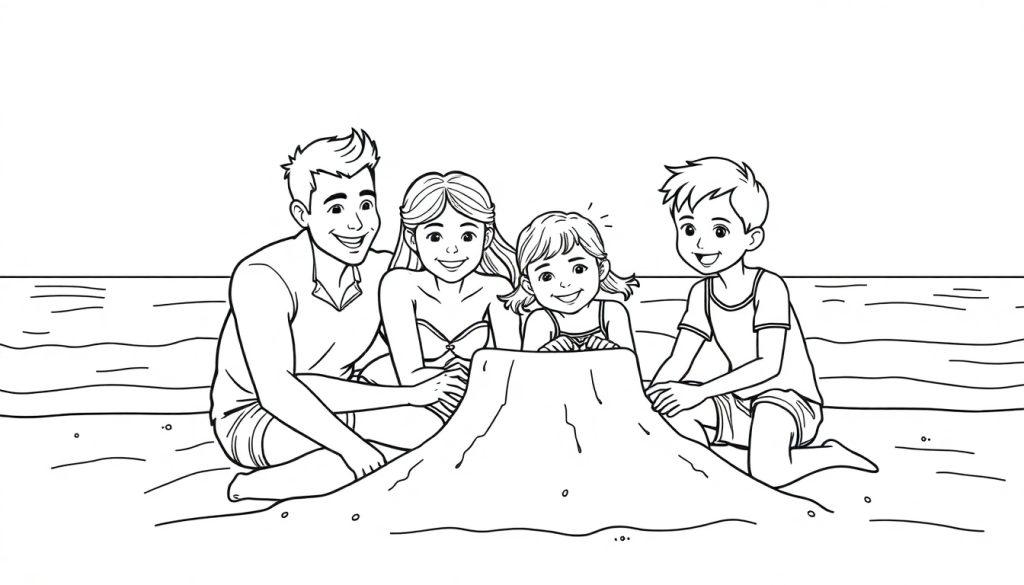 Kleurplaat van een familie van vier die samen een zandkasteel bouwen op het strand met de zee op de achtergrond.