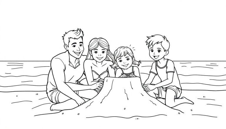 Kleurplaat van een familie van vier die samen een zandkasteel bouwen op het strand met de zee op de achtergrond.