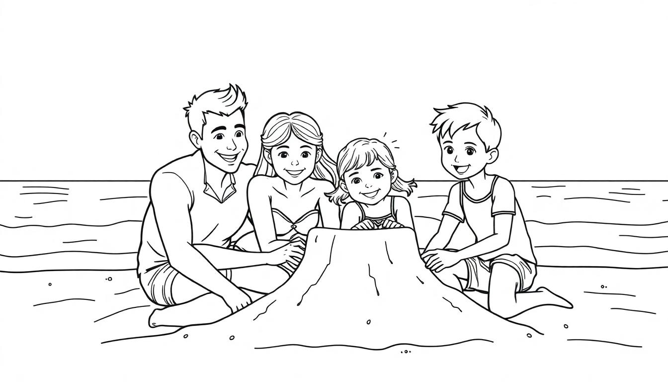 Kleurplaat van een familie van vier die samen een zandkasteel bouwen op het strand met de zee op de achtergrond.