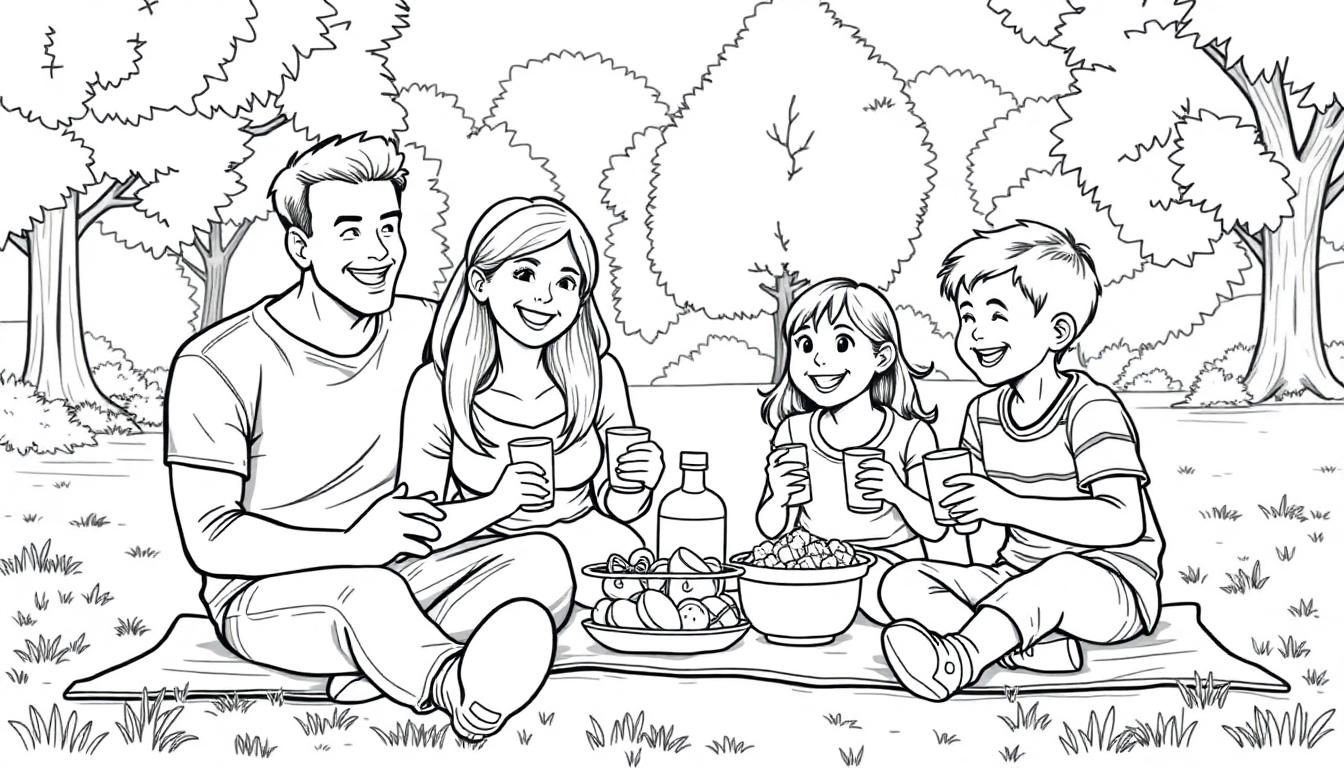 Zwart-wit kleurplaat van een familie die samen picknickt in een park.