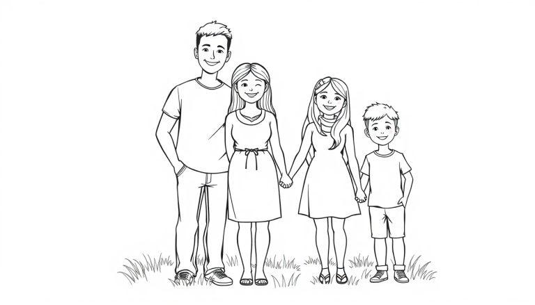 Zwart-wit kleurplaat van een glimlachend gezin van vier op gras, hand in hand: een man, een vrouw, een meisje en een jongen.