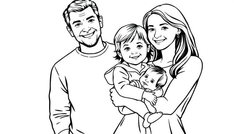 Een gezellige kleurplaat van een glimlachende familie met een man, vrouw, dochter en babyzoon.