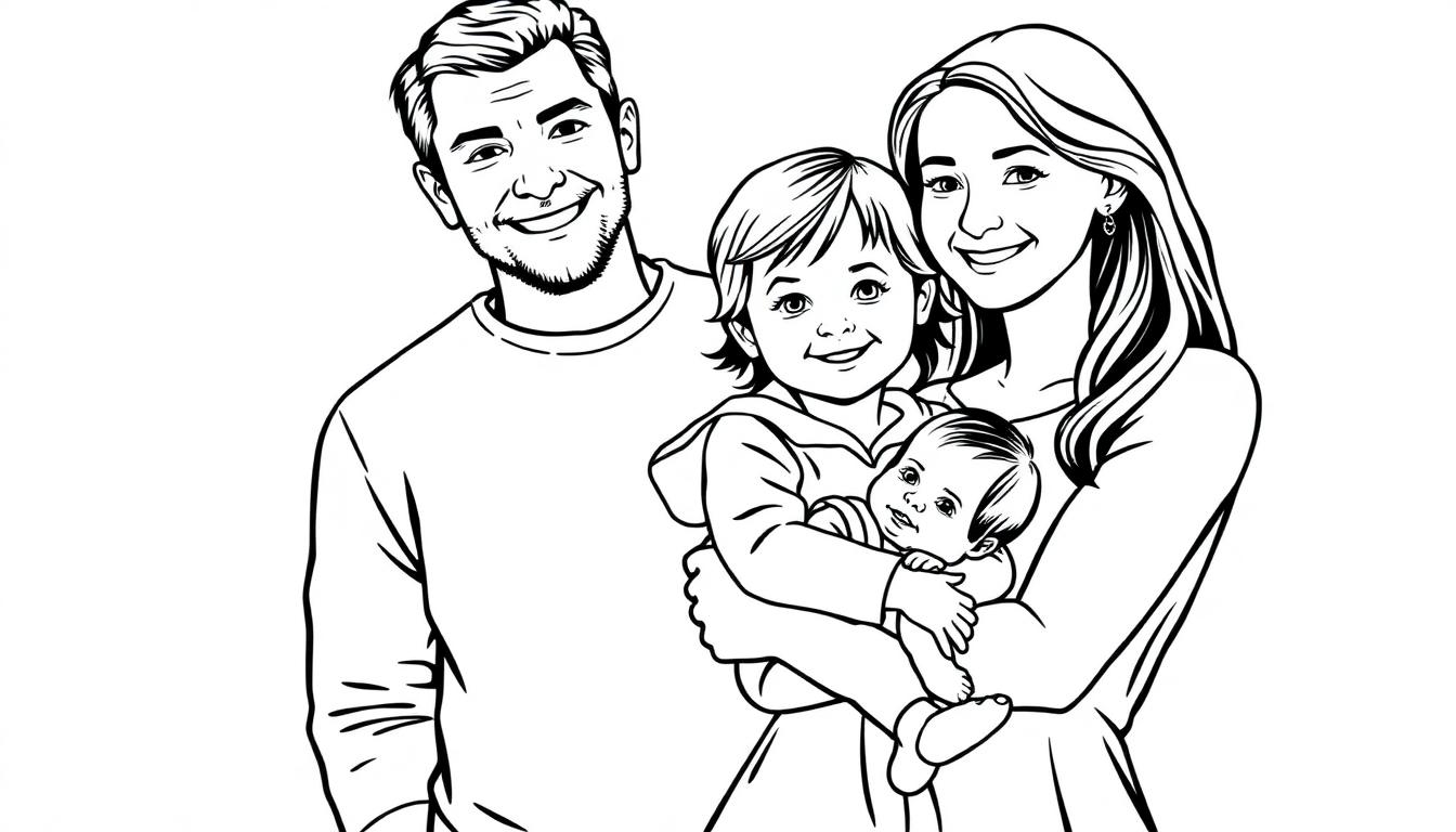 Een gezellige kleurplaat van een glimlachende familie met een man, vrouw, dochter en babyzoon.