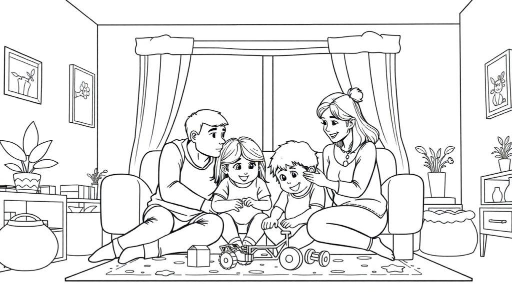 Zwart-wit kleurplaat van een gezin met een man, een vrouw, een dochter en een babyzoon die samen met een speelgoedauto spelen in een gezellige woonkamer.