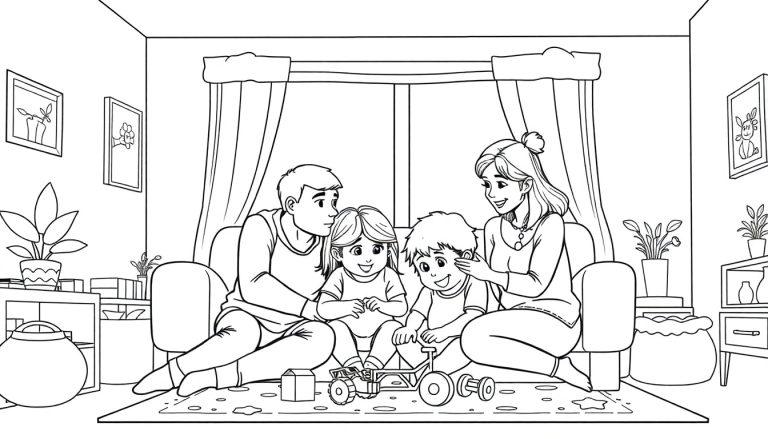 Zwart-wit kleurplaat van een gezin met een man, een vrouw, een dochter en een babyzoon die samen met een speelgoedauto spelen in een gezellige woonkamer.