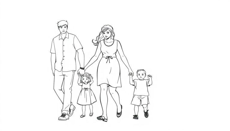 Kleurplaat van een gezin met vier personen: een vader, moeder, dochter en babyzoon die samen vrolijk wandelen.