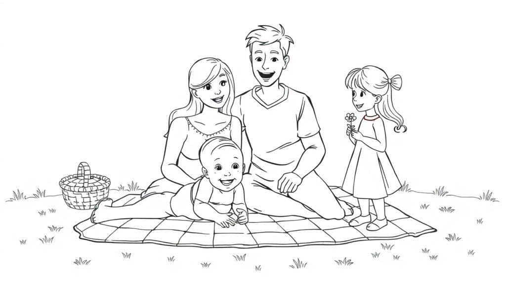 Kleurplaat van een gezin tijdens een picknick in de natuur, met een moeder, vader, dochter en baby.