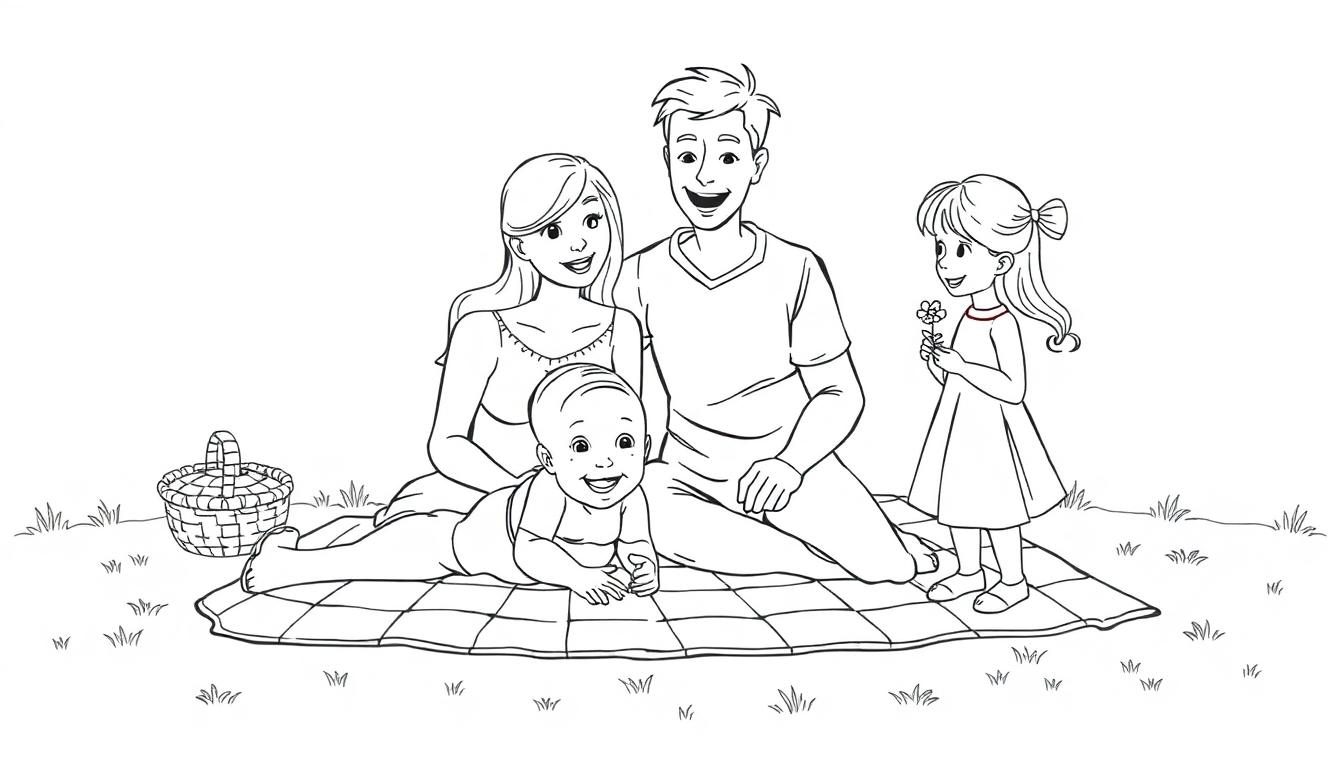 Kleurplaat van een gezin tijdens een picknick in de natuur, met een moeder, vader, dochter en baby.
