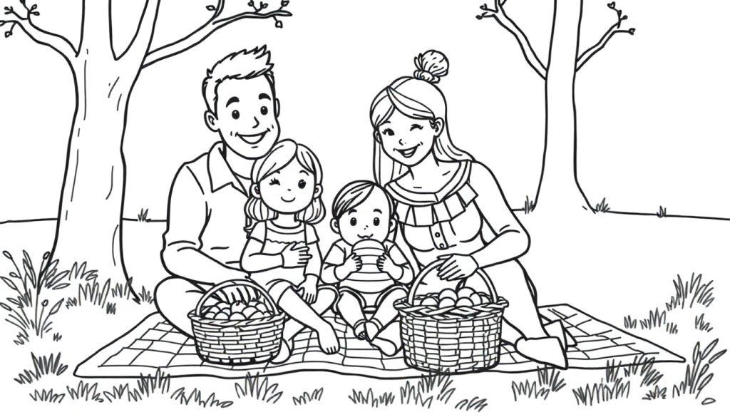 Kleurplaat van een gezin op een picknickkleed in het park met bomen om hen heen.