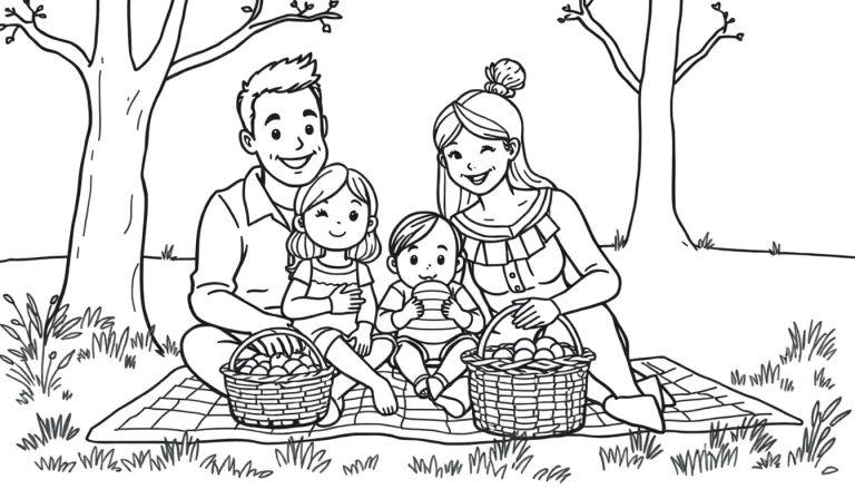 Kleurplaat van een gezin op een picknickkleed in het park met bomen om hen heen.