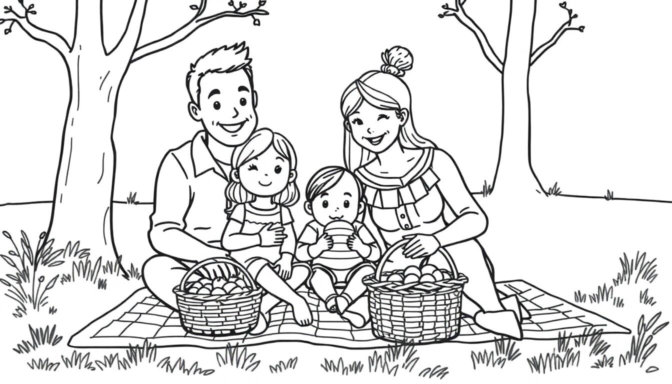 Kleurplaat van een gezin op een picknickkleed in het park met bomen om hen heen.