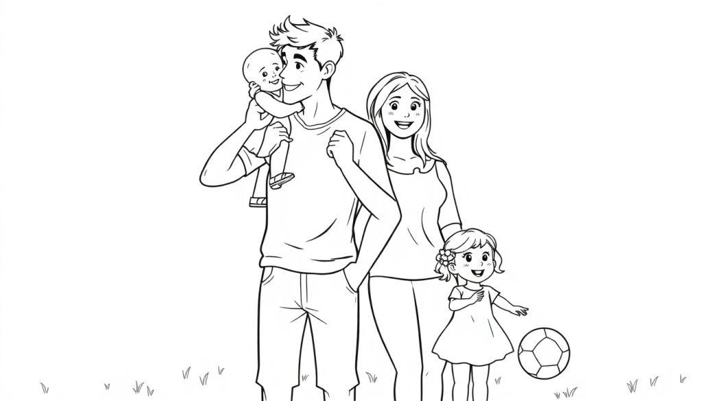 Zwart-witte kleurplaat van een lachend gezin met een vader, moeder, meisje en baby buiten in het gras.