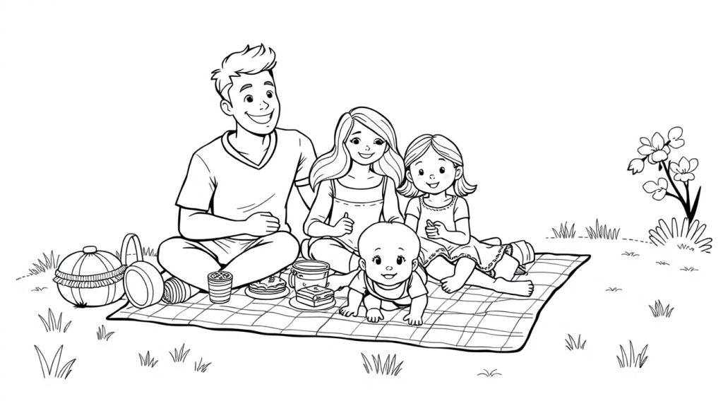 Kleurplaat van een familie die samen een picknick houdt op een kleed in de natuur met bloemen, gras en gezellige sfeer.
