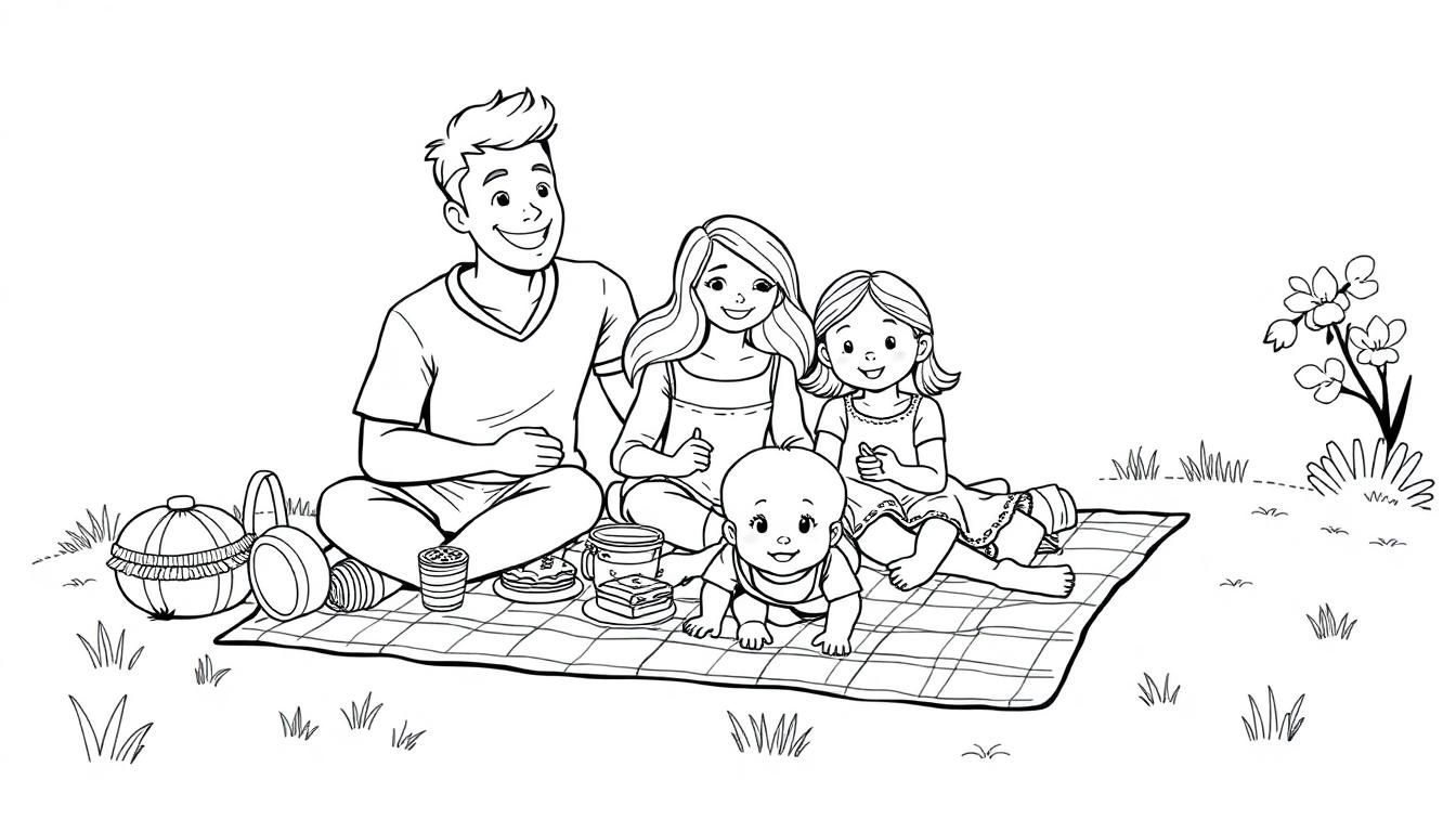 Kleurplaat van een familie die samen een picknick houdt op een kleed in de natuur met bloemen, gras en gezellige sfeer.