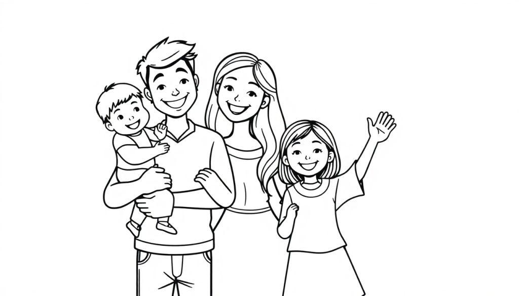 Kleurplaat van een gezin met een man, vrouw, dochter en baby zoon die vrolijk lachen.