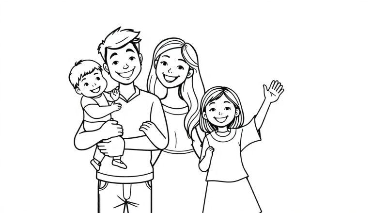 Kleurplaat van een gezin met een man, vrouw, dochter en baby zoon die vrolijk lachen.