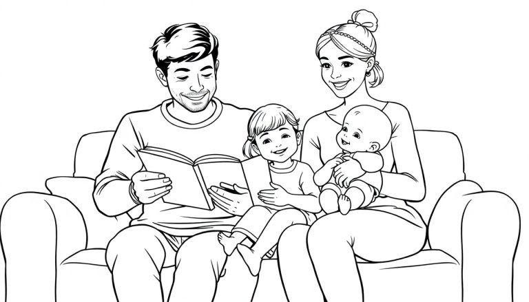 Kleurplaat van een gezin op de bank: de vader leest een boek voor, de moeder houdt een baby vast en een kind luistert aandachtig.