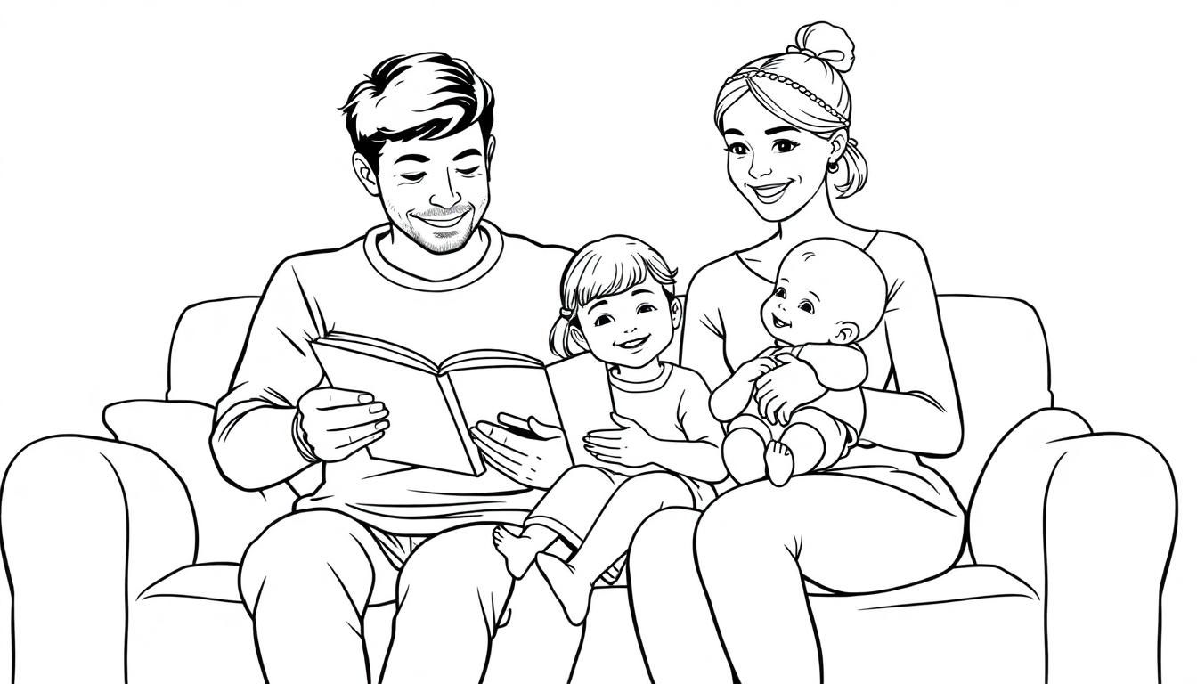 Kleurplaat van een gezin op de bank: de vader leest een boek voor, de moeder houdt een baby vast en een kind luistert aandachtig.