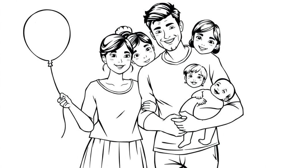 Kleurplaat van een glimlachend gezin met vijf personen: een vrouw met een ballon, een man met een baby en twee lachende kinderen.