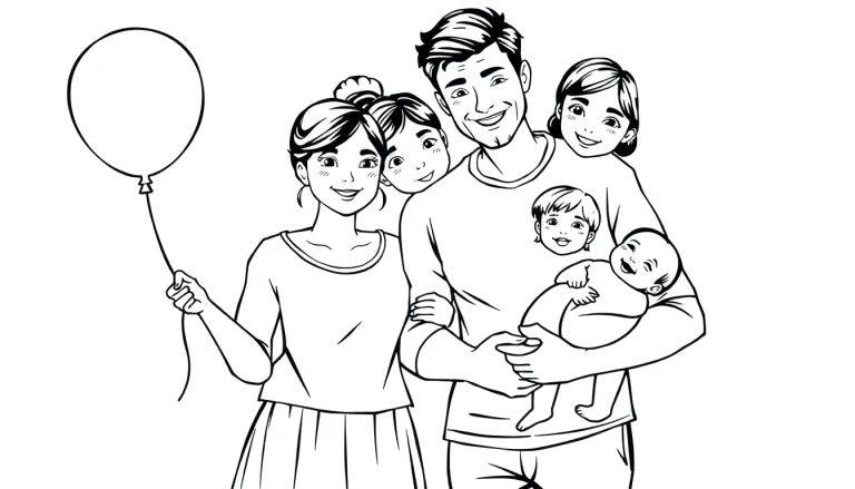 Kleurplaat van een glimlachend gezin met vijf personen: een vrouw met een ballon, een man met een baby en twee lachende kinderen.