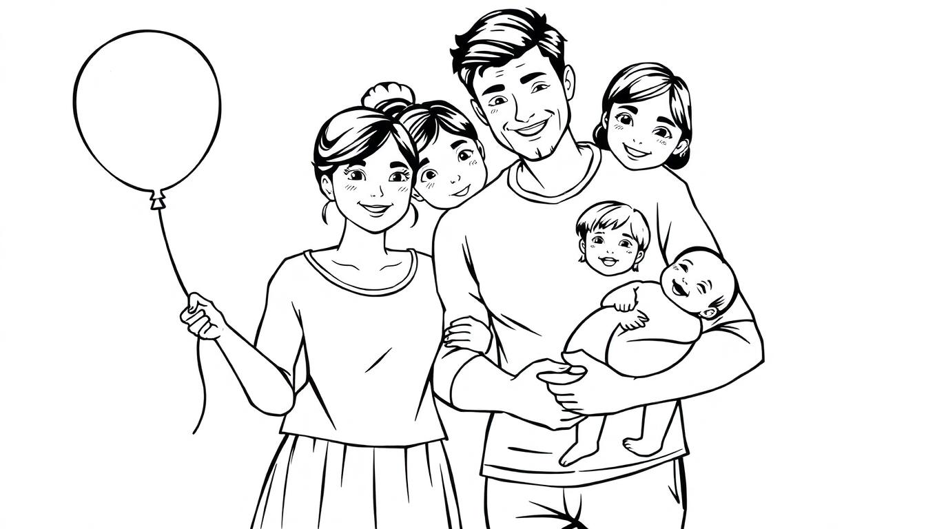 Kleurplaat van een glimlachend gezin met vijf personen: een vrouw met een ballon, een man met een baby en twee lachende kinderen.