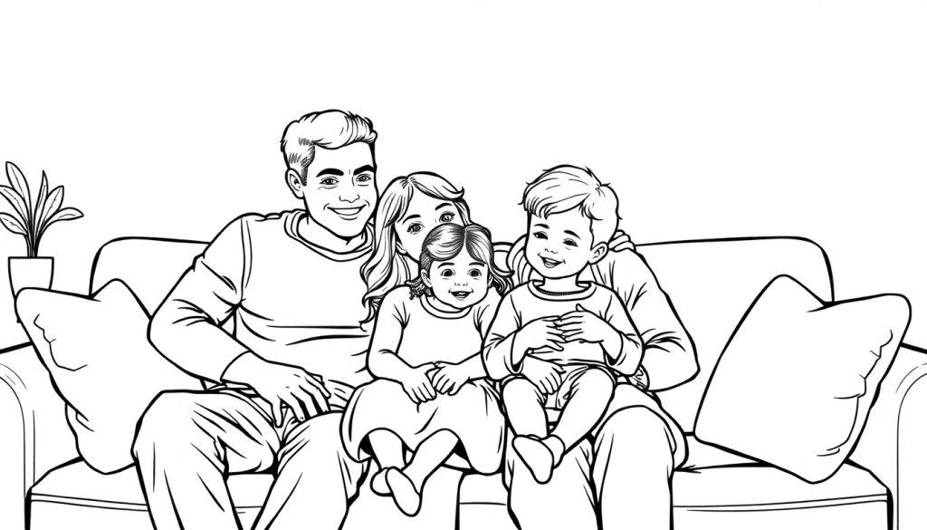 Zwart-witte kleurplaat van een glimlachend gezin, een vader, moeder, dochter en babyzoon, zittend op een bank.