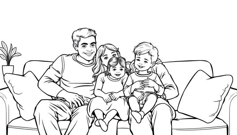 Zwart-witte kleurplaat van een glimlachend gezin, een vader, moeder, dochter en babyzoon, zittend op een bank.