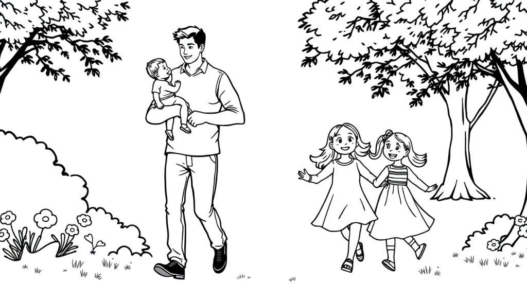 Kleurplaat van een gezin in de natuur met een man, een vrouw, een dochter en een baby zoon.