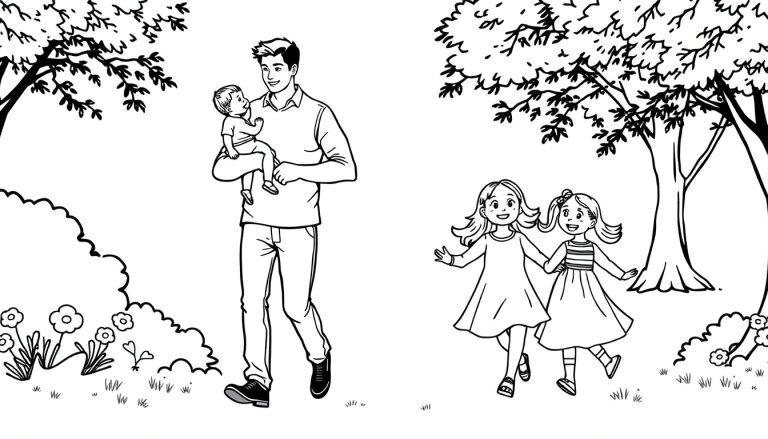 Kleurplaat van een gezin in de natuur met een man, een vrouw, een dochter en een baby zoon.