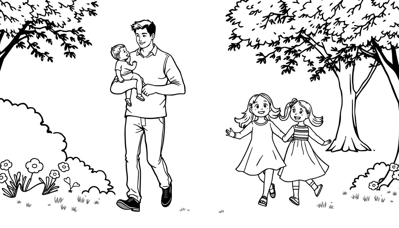 Kleurplaat van een gezin in de natuur met een man, een vrouw, een dochter en een baby zoon.