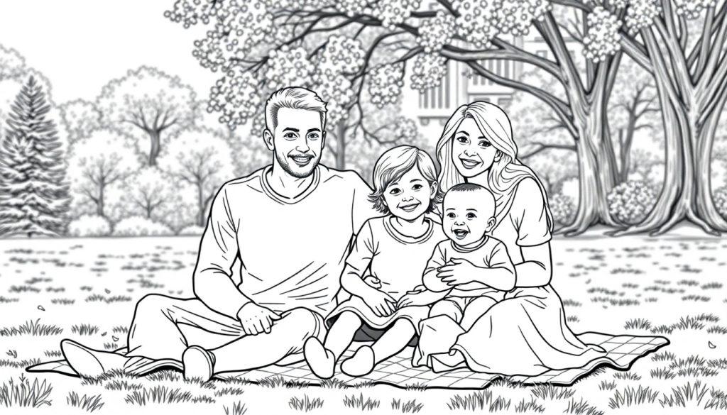 Kleurplaat van een lachende familie in een park met picknickkleed, een man, vrouw, baby en kind.